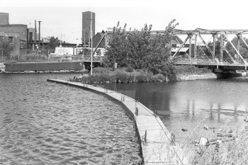 Photo en noir et blanc, avec vu sur le canal, des ponts et un arbre. 