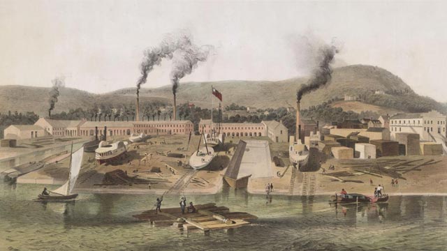 Early image of a marine workshop on the banks of a canal.