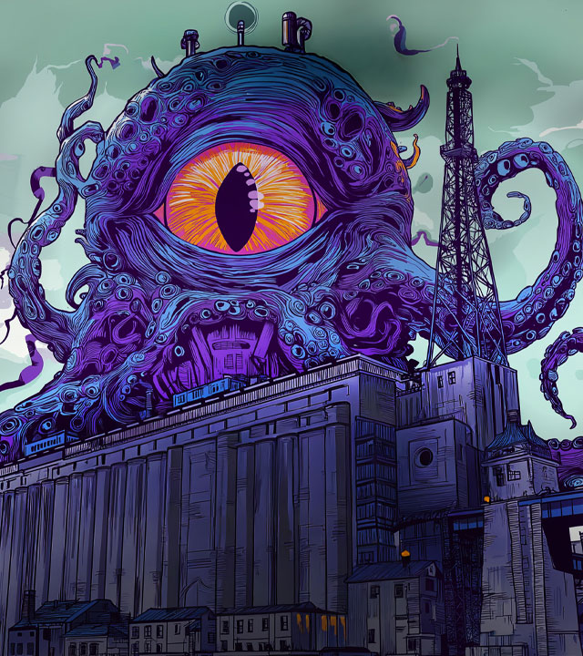 Illustration of a tentacled monster with a blazing eye looms over an industrial building, blending fantasy and urban architecture.