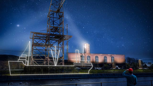 A man gazes at an illuminated crane, where glowing lines outline the silhouette of a ship under a starry sky.