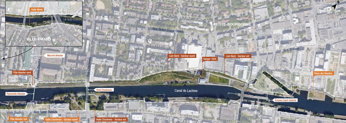 Carte satellite du Canal-de-Lachine et des secteurs visés par la demande de propositions