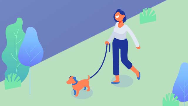 Illustration of a woman walking with her dog on a leash