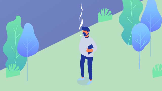 Illustration of a man smoking a cigarette while walking in a park