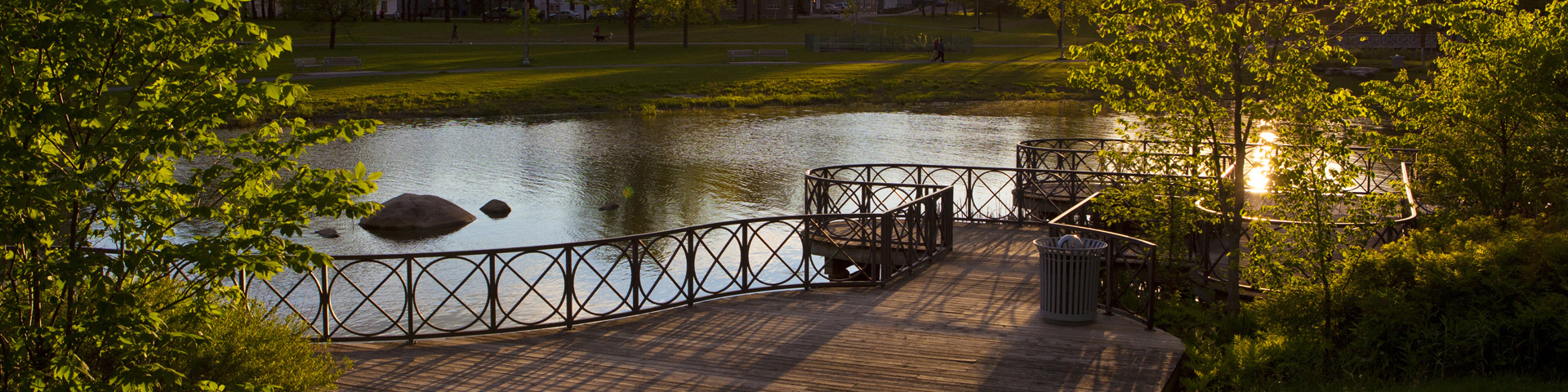 View of the Lairet River from a wooden lookout at Cartier-Brébeuf National Historic Site.