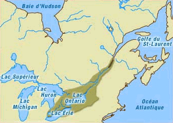 La carte représente principalement le sud du Québec et le nord de lOntario, aux environ des Grands Lacs. On y aperçoit le territoire iroquoiens, occupant les bords du Saint-Laurent, à partie du Lac St-Jean, jusqu'au Lac Érié.