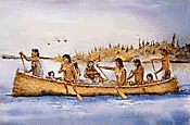 A group of amerindians in a canoe, on a river.