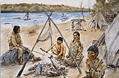 Une famille amérindienne fait cuire le poisson sur un feu de camp.