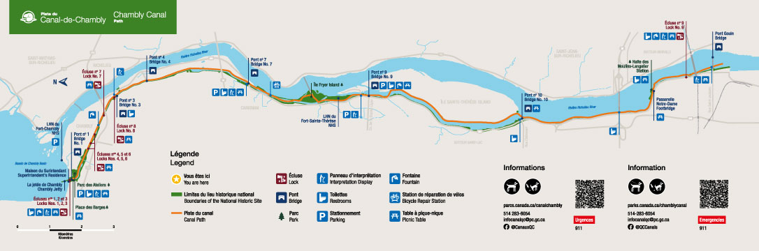 Map of the trail along the Chambly Canal stretches over 20 km.