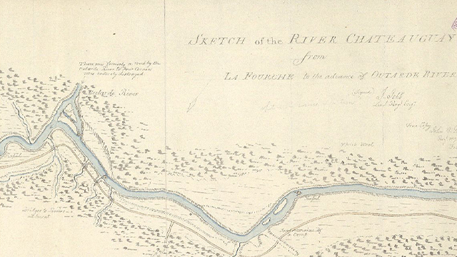 Plan dessiné par Jean-Baptiste Duberger et de Sir Joshua Jebb, en 1814, où on voit une partie de la rivière Châteauguay.