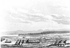 Period representation showing watermen hauling up a boat along the