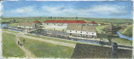 Vue d'une partie du canal et des entrepôts, en 1816.