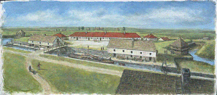 Artist's rendering of a portion of the canal and warehouses as they likely appeared in 1816.