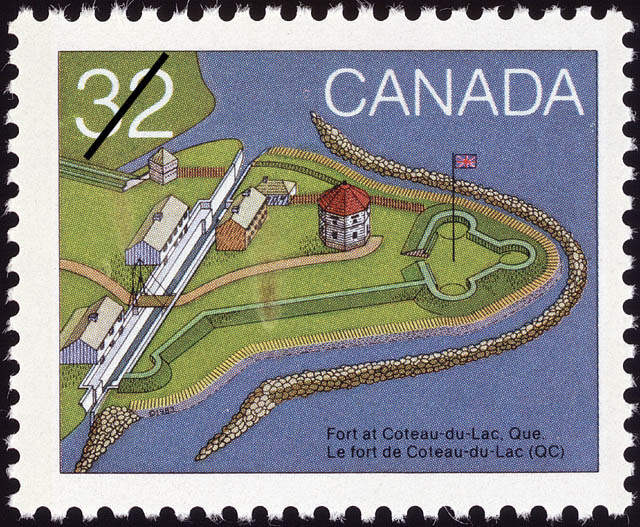 Timbre de 32 sous illustrant le lieu historique national de Coteau-du-Lac émis par Postes Canada en 1983.