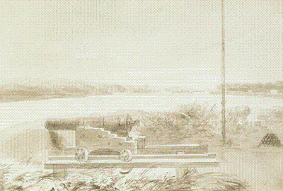 View of part of the cloverleaf-shaped bastion and Coteau-du-Lac rapids in 1821