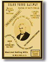 Affiche jaunie présentant une photo ovale de George-Étienne Cartier entourée de noms de banque et d'organisation