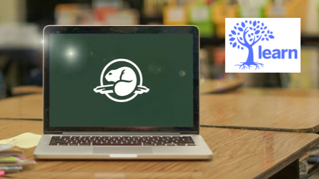 Photo of a laptop computer on a desk in a classroom, with the Parks Canada and Learn logos on the screen.