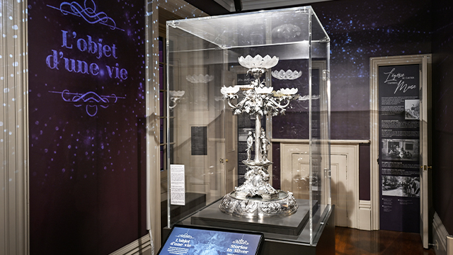 Photo of the centrepiece (an imposing decoration made of silver given to Sir George-Étienne Cartier in 1863) featured in the Stories in Silver exhibition at Sir George-Étienne Cartier National Historic Site.