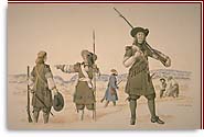 Three men are wearing the Carignan-Salières Regiment's uniforms and weapons