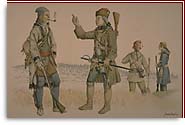 Four men are wearing the clothes and weapons of the Canadian militia