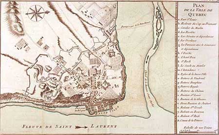 map of Québec in 1709 where we can see the St.Lawrence River and the St.Charles River. It's easy to see that the first fortifications (1693) where protecting a smaller territory than the second fortifications (1700 and 1706).