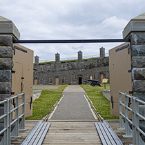 View of the entrance gate, overhead crane, casemates and parade ground of Fort No.1 of Lévis.
