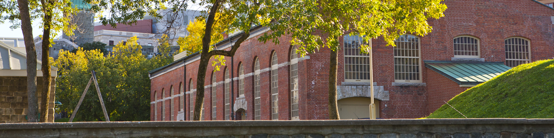 View of a red brick building at Artillery Park in Quebec.