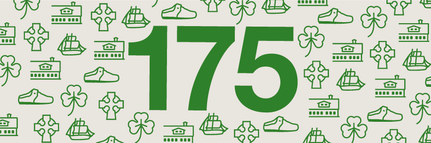 Logo celebration gree with a shoe, a sailship, the number 175, a celtic cross, a shamrock and a building