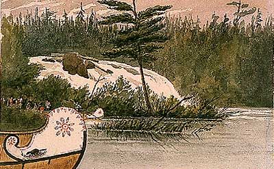 the bow of a canoe enters a bucolic scenery