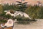the bow of a canoe enters a bucolic scenery