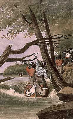 Voyageurs pushing and hauling a canoe
