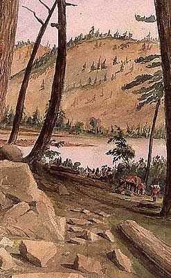 Voyageurs laboring on a portage path