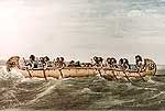several Voyageurs in a large canoe