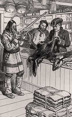 Aboriginal looking at a trade good while two clers are evaluating pelts
