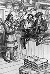 Aboriginal looking at a trade good while two clers are evaluating pelts