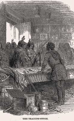 Native peoples looking at trading goods in front of a store clerk