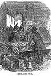 Native peoples looking at trading goods in front of a store clerk