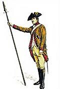 American officer wearing an orange justaucorps, yellow breeches, long black boots, a black hat and holding a pike in his right hand.