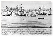 Black and white drawing showing six sailing boats on a river. There is a hand written text at the bottom of the drawing.