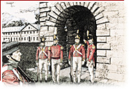 Four soldiers wearing the red uniform are posted in front of a door. An other soldier is looking at them.
