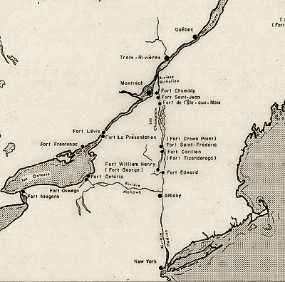Old map showing the forts along the Richelieu, the Hudson and the St.Laurent rivers.
