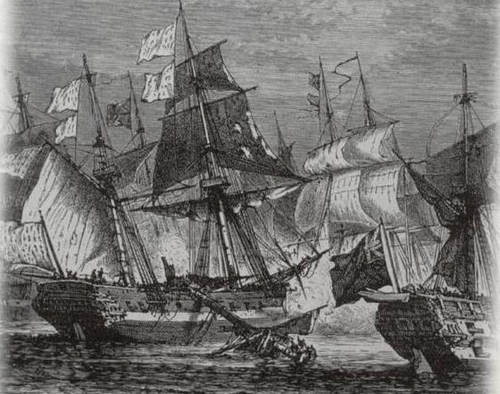 Combat between a French fleet and the English in 1760. Webber. Engraving