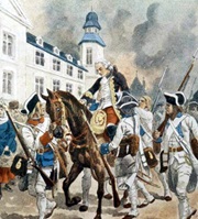 Général Montcalm blessé lors de la bataille des Plaines d’Abraham. Bombled. Gravure