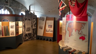 A room in the exhibition hall with interpretive panels at the Lévis Forts National Historic Site.