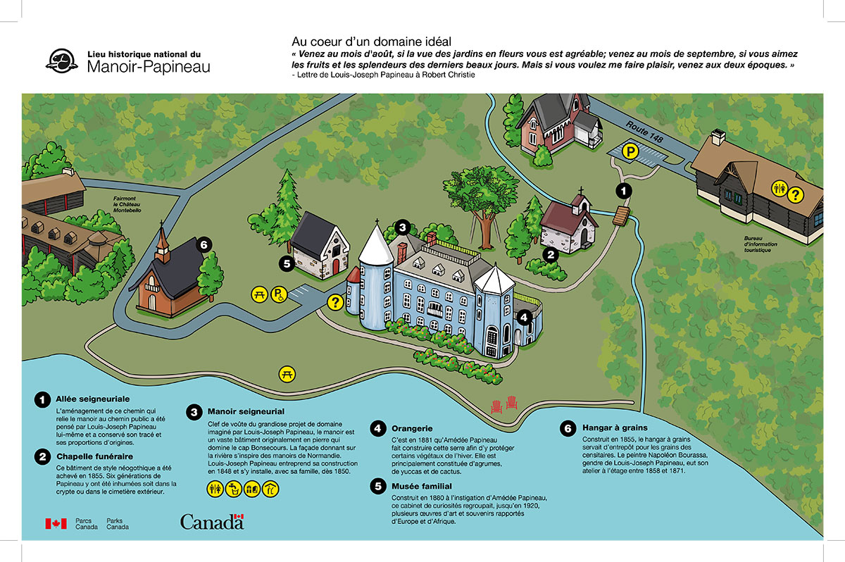 Aperçu de la carte illustrée des bâtiments du domaine seigneurial des Papineau au lieu historique national du Manoir-Papineau.