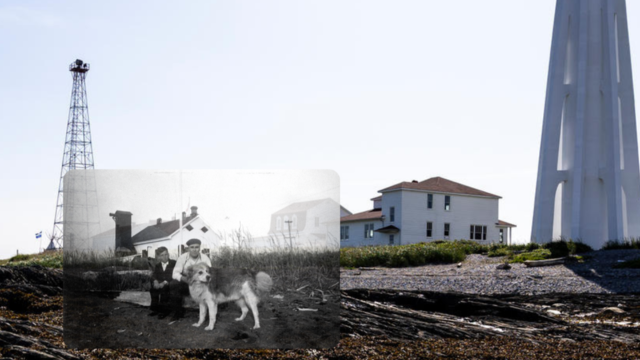 Black and white image of a lighthouse keeper with a child and a dog superimposed on a current photograph of the Pointe-au-Père lighthouse station.