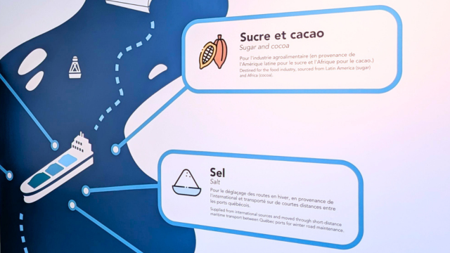 Part of a exhibit panel representing a ship and information about imported products like salt, sugar and cocoa.