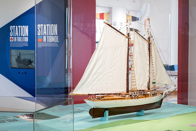 Model schooner in an exhibition. 