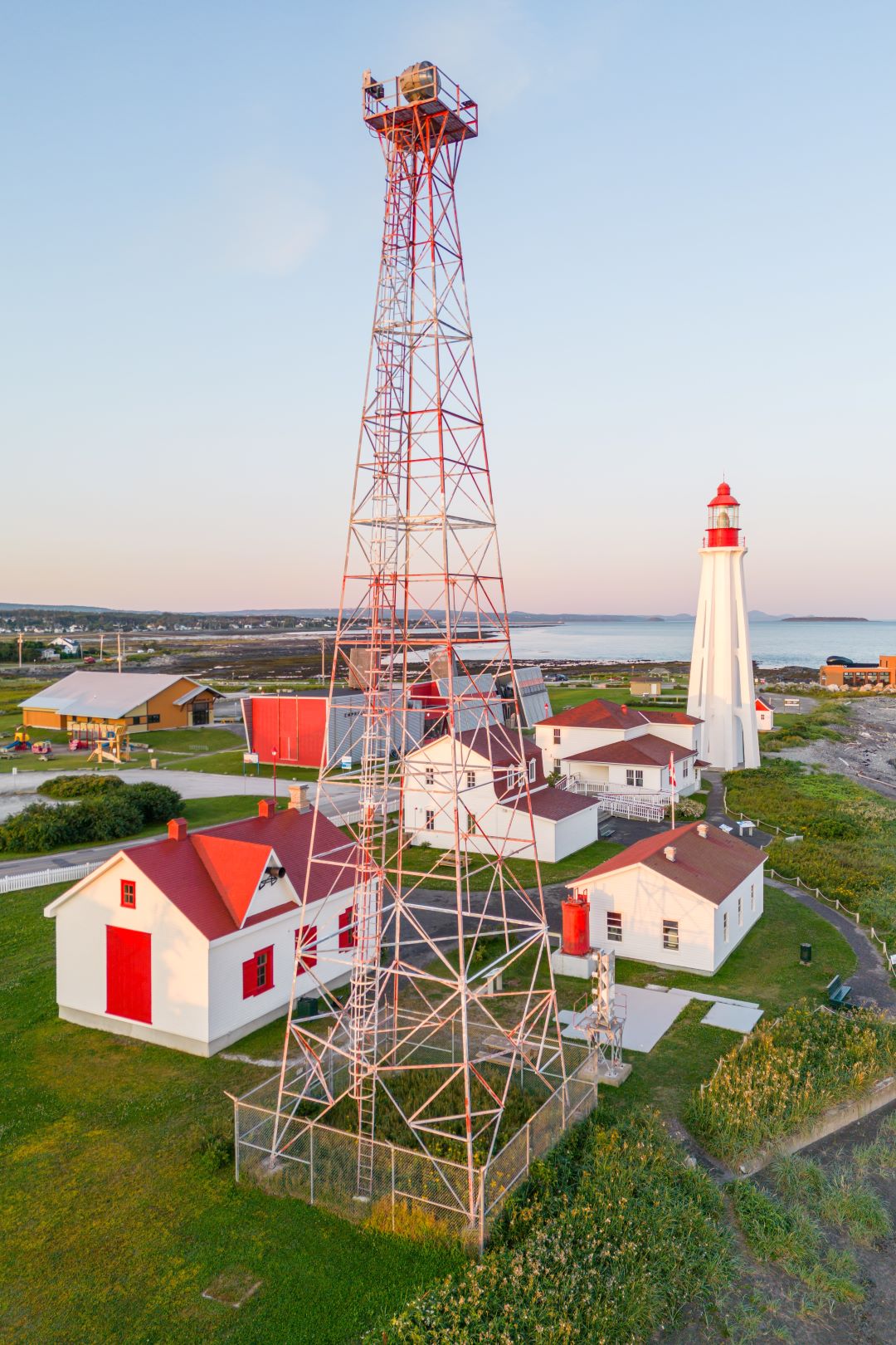 Aerial view of the lighthouse and buildings with the clerestory tower in the foreground.