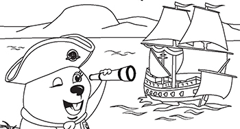 Dessin à colorier montrant la mascotte Parka qui regarde un vieux navire de guerre à travers ses longues-vue. 