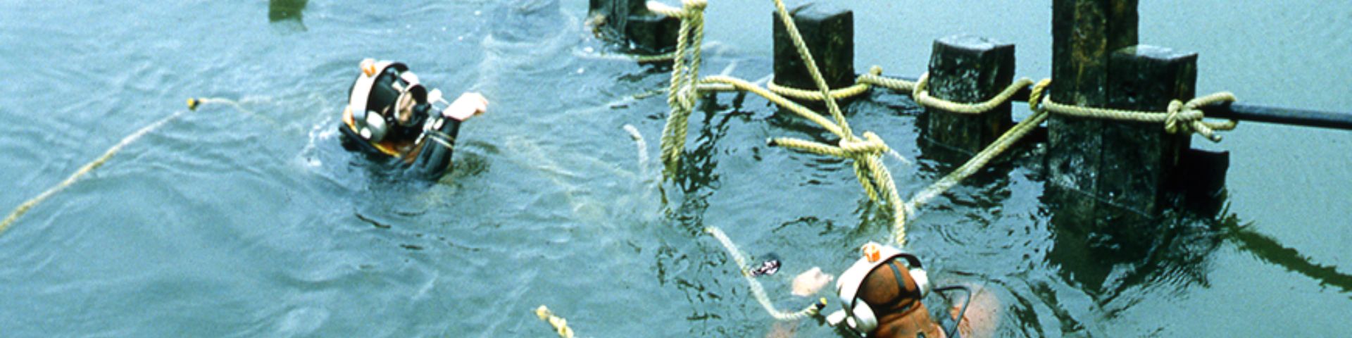 Two divers on the surface of the water are near part of a wooden wreck. 